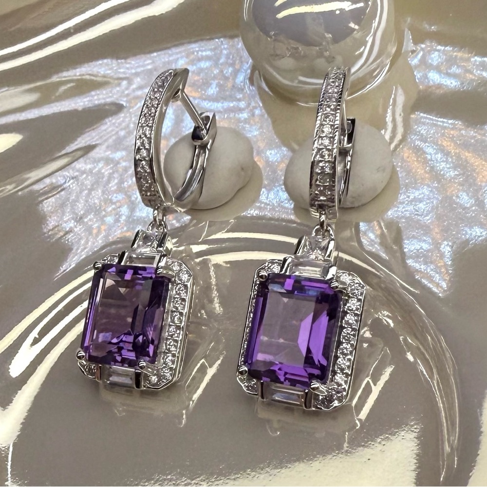 EA1 6.9CT High Quality Natural Russian Amethyst Huggies Earrings Rhodium S925 - Picture 4 of 12